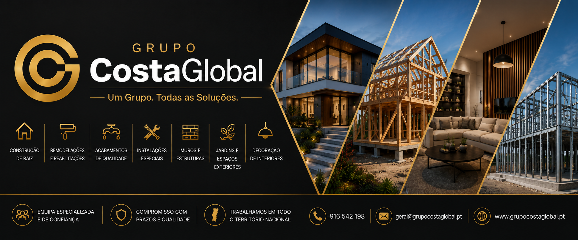 Visão geral dos serviços de construção, remodelação, estruturas, jardins e interiores da CostaGlobal